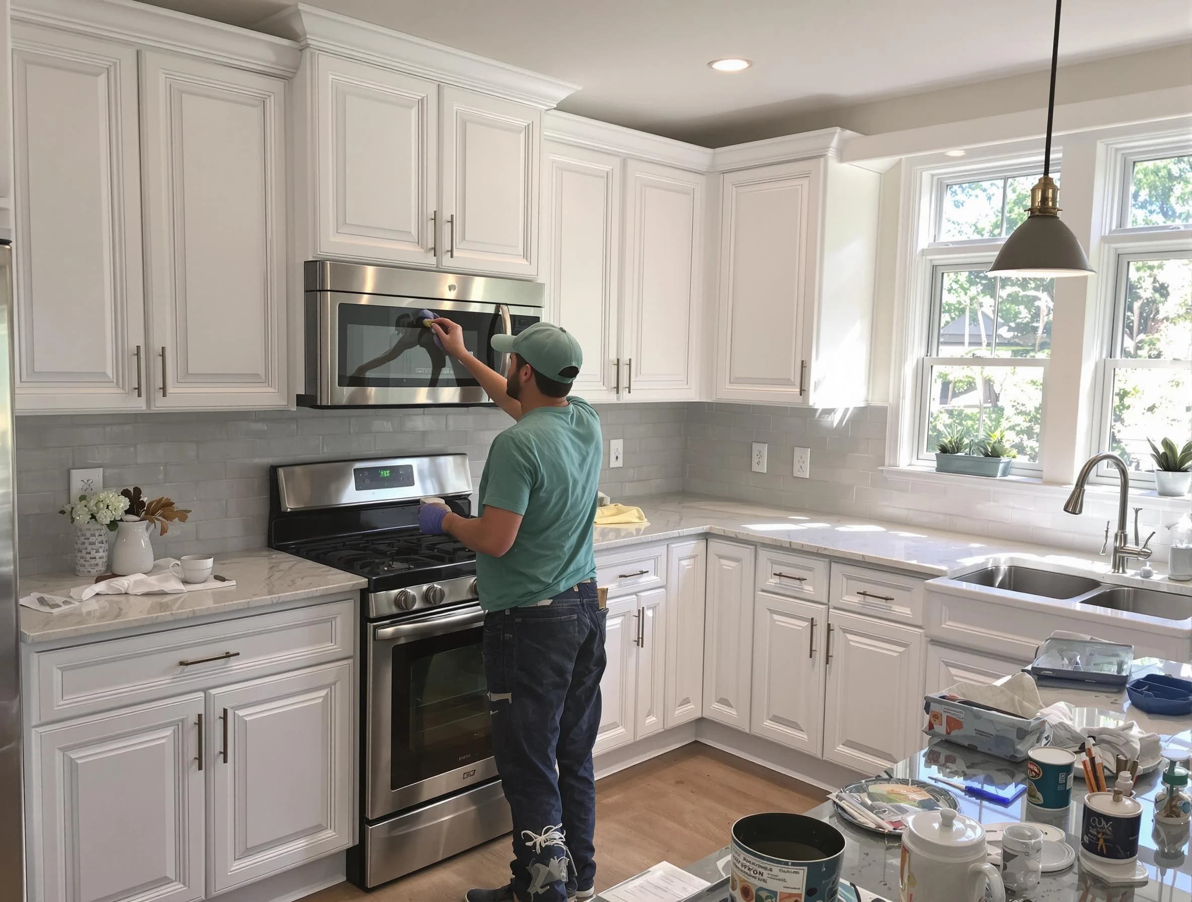 Kitchen cabinets being refinished by Twinsburg House Painters in Twinsburg, OH