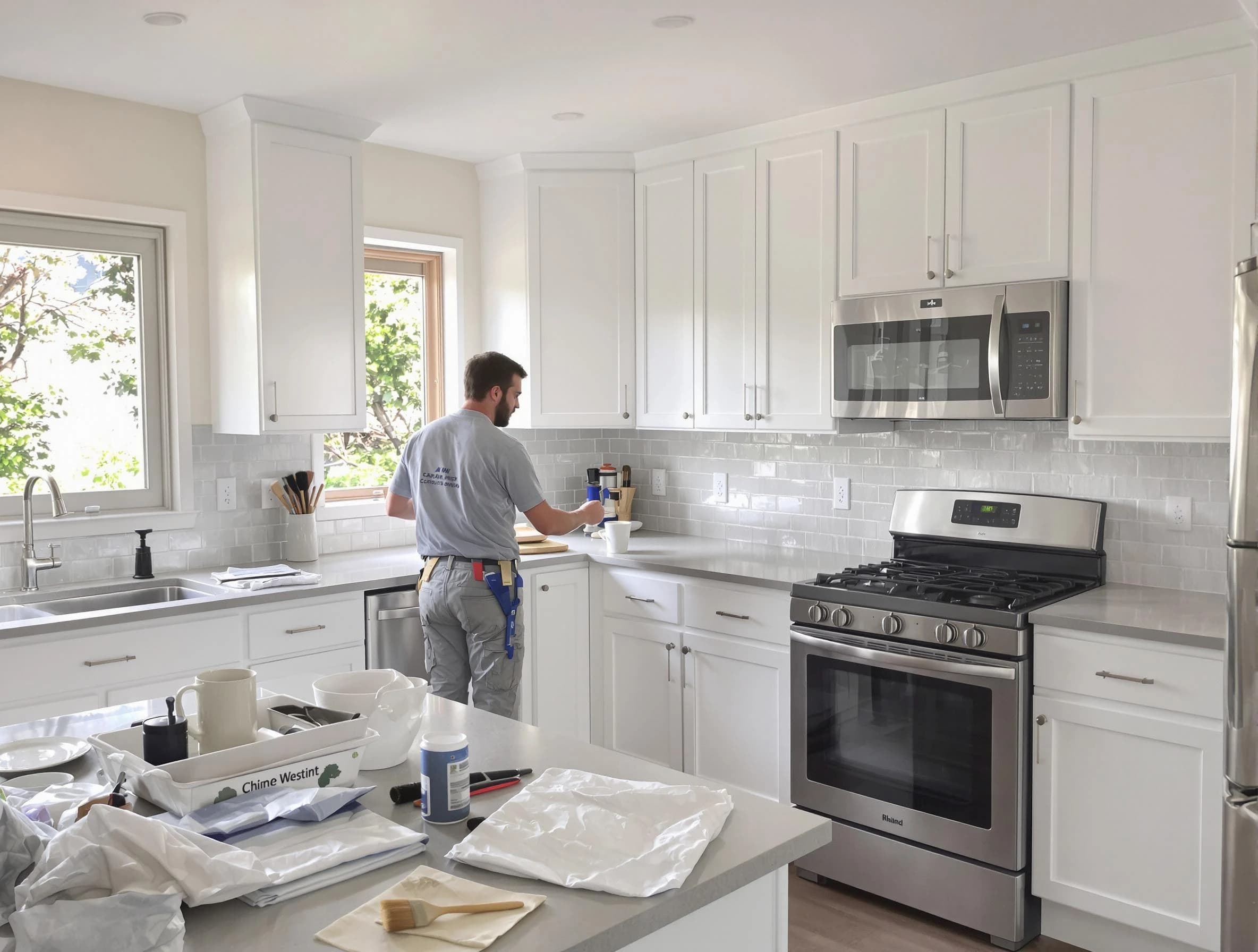 Twinsburg House Painters applying fresh paint on kitchen cabinets in Twinsburg