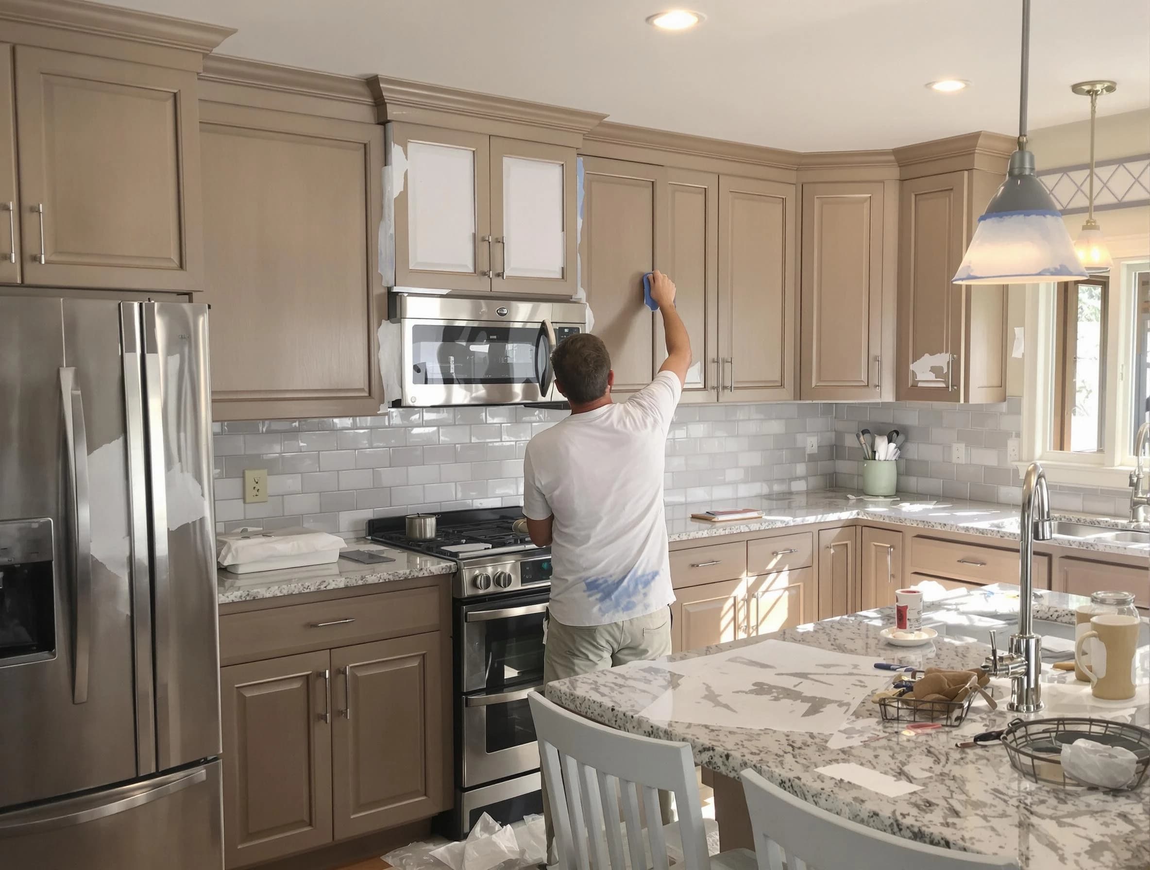 Before-and-after view of kitchen painting by Twinsburg House Painters in Twinsburg